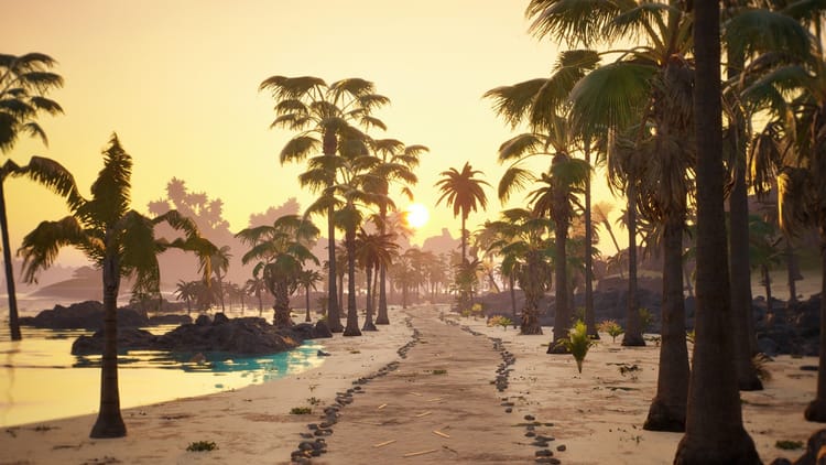 A palm-lined sand path running toward the sea at sunset, made in Unreal Engine.